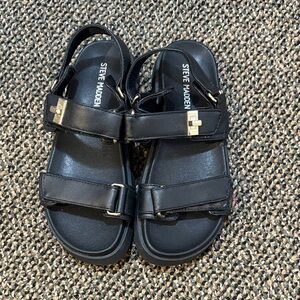 Steve Madden Black Leather Dual-Strap Sandals with Gold Hardware